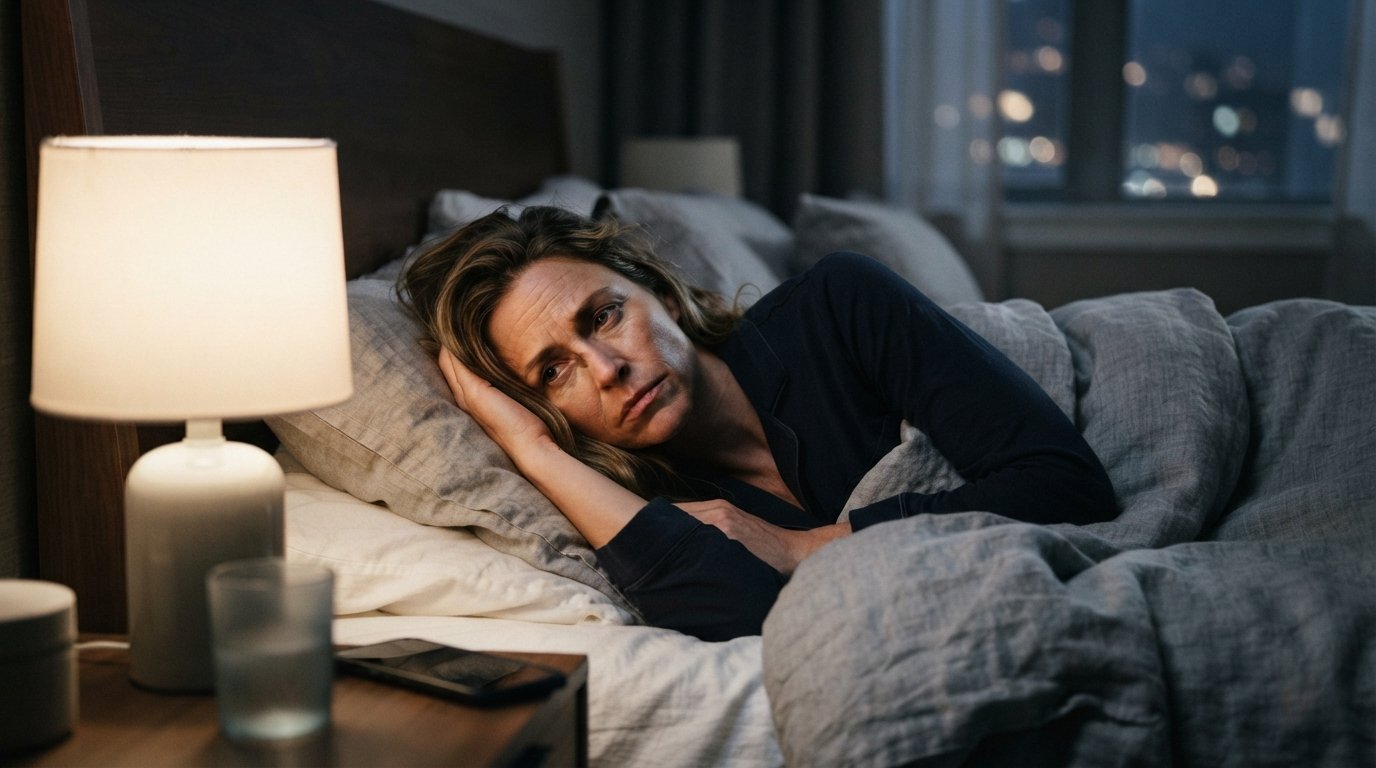 Woman awake at night with a racing mind and anxiety before sleep