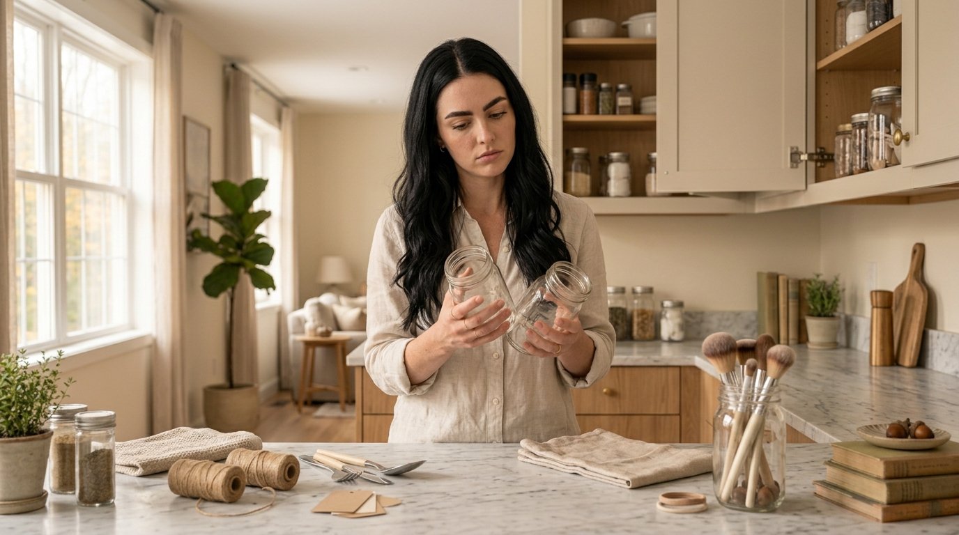Woman discovering creative ways to reuse mason jars at home