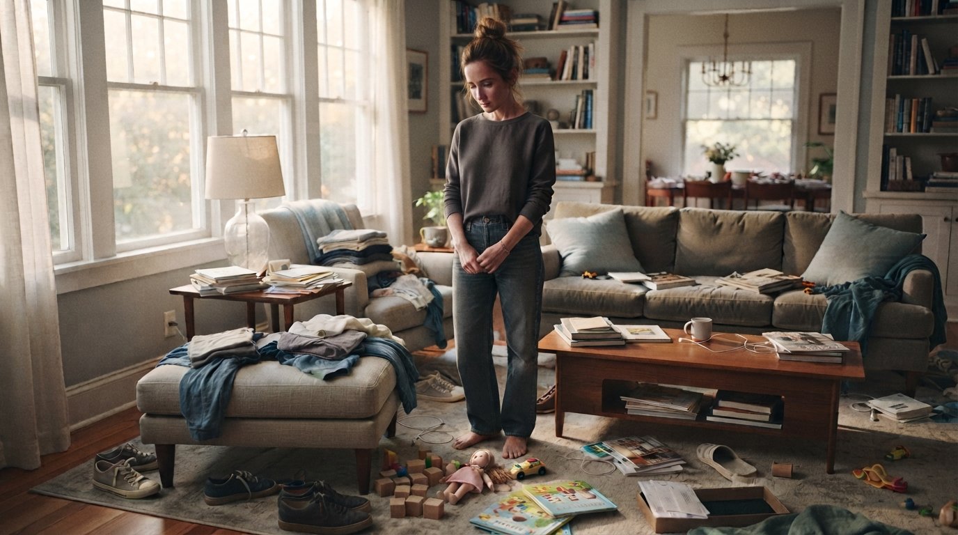 Woman feeling overwhelmed by a messy living room