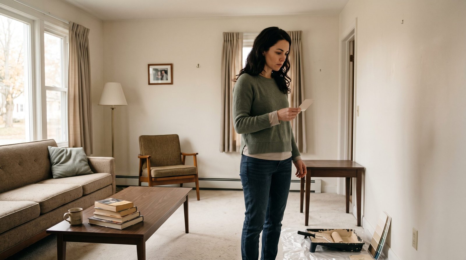 Woman imagining easy DIY home decor changes in a living room