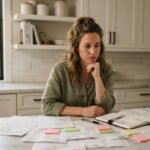 Woman organizing a busy month with calendars and notes at home