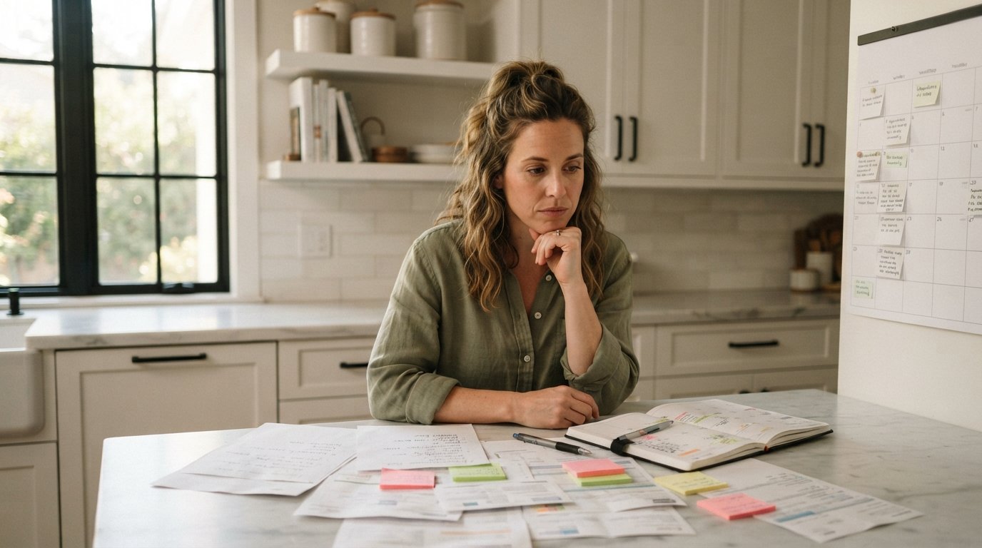 Woman organizing a busy month with calendars and notes at home