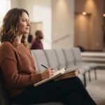 Woman taking sermon notes during a church service with an open Bible