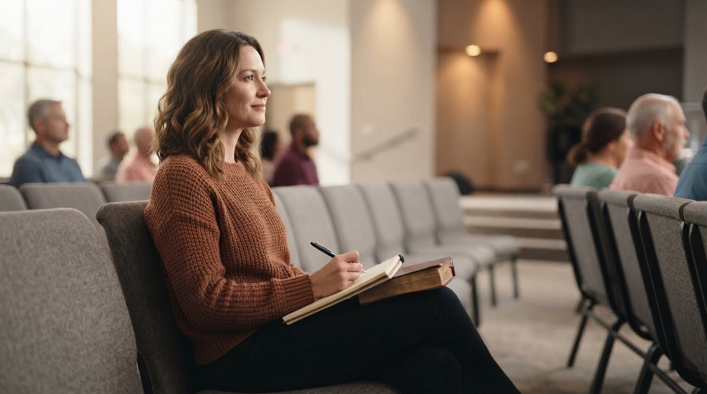 Woman taking sermon notes during a church service with an open Bible